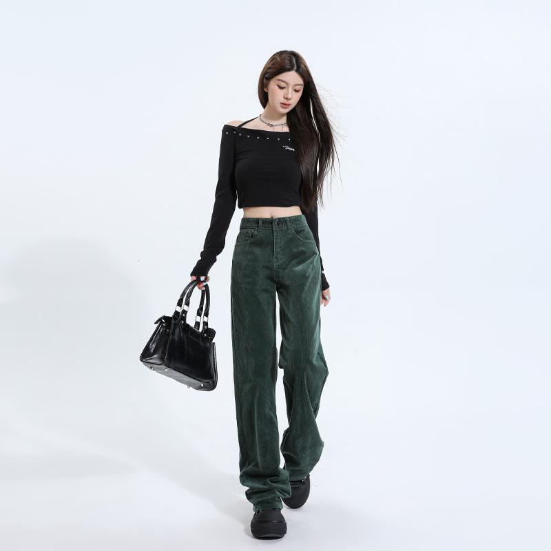 Bottoms |  Womens Corduroy Middle Waist Pocket Straight Leg Trousers With Belt Bottoms Bottoms