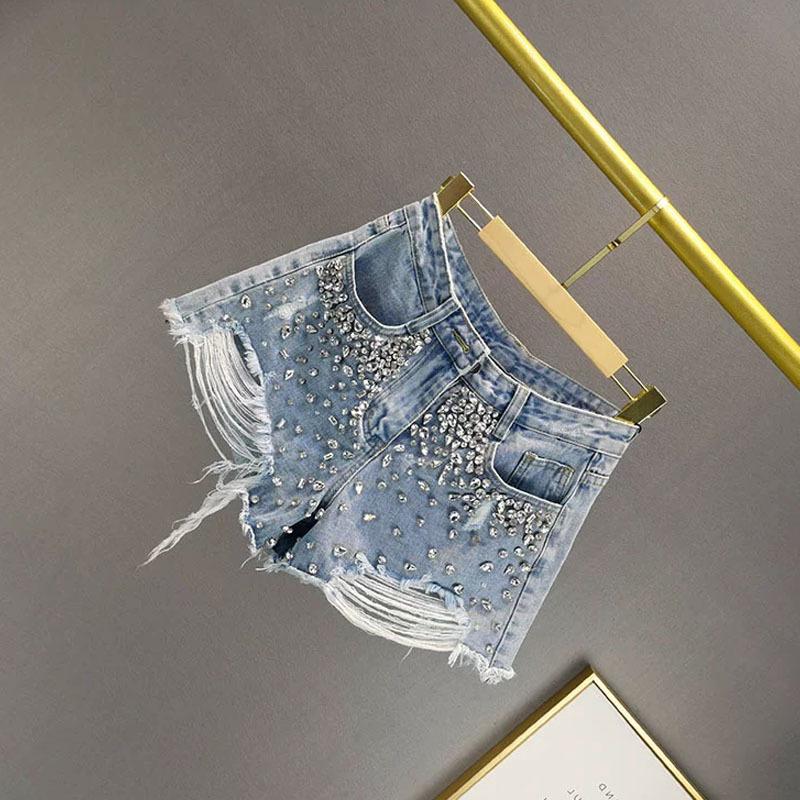 Bottoms |  Womens Denim Mid Rise Pearl Ripped Straight Leg Micro Shorts Bottoms Blue