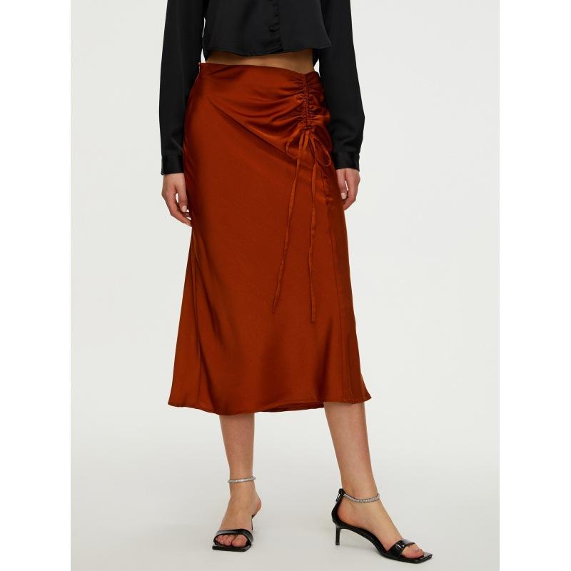 Bottoms |  Womens Satin Mid Rise Solid Drawstring Split Maxi Skirt Bottoms Bottoms