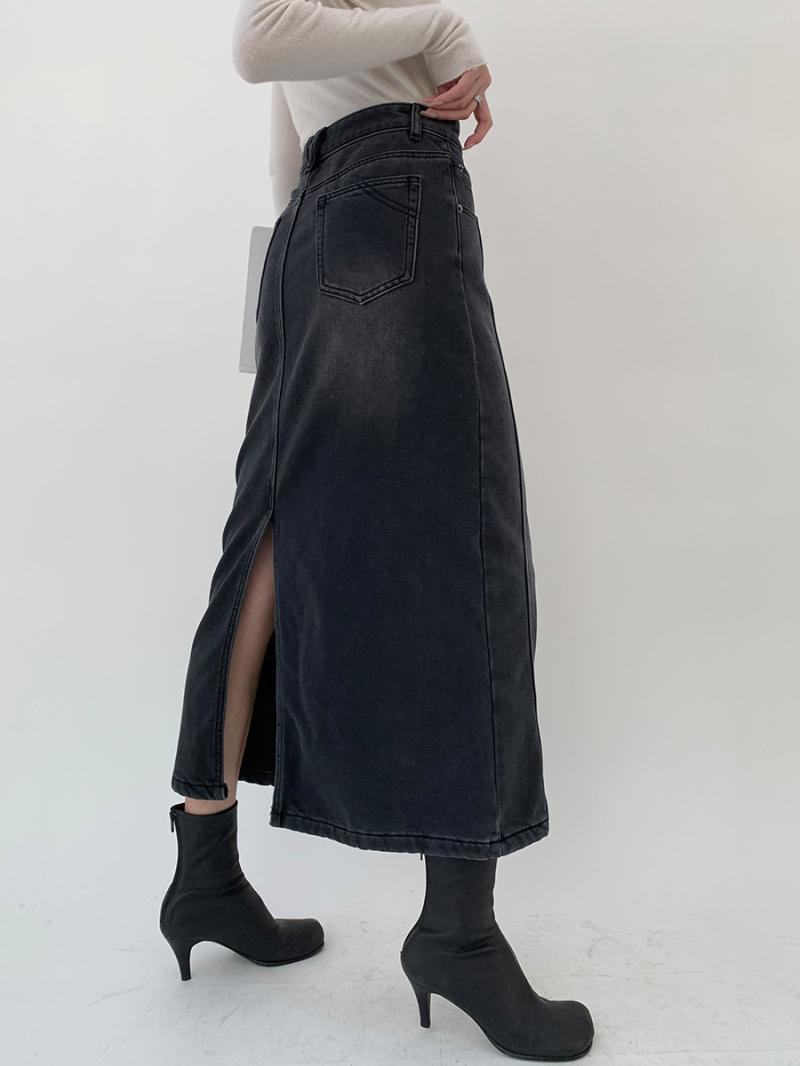 Denim |  Womens Denim Low Rise Solid Split Raw Hem Maxi Skirt Clothing Black