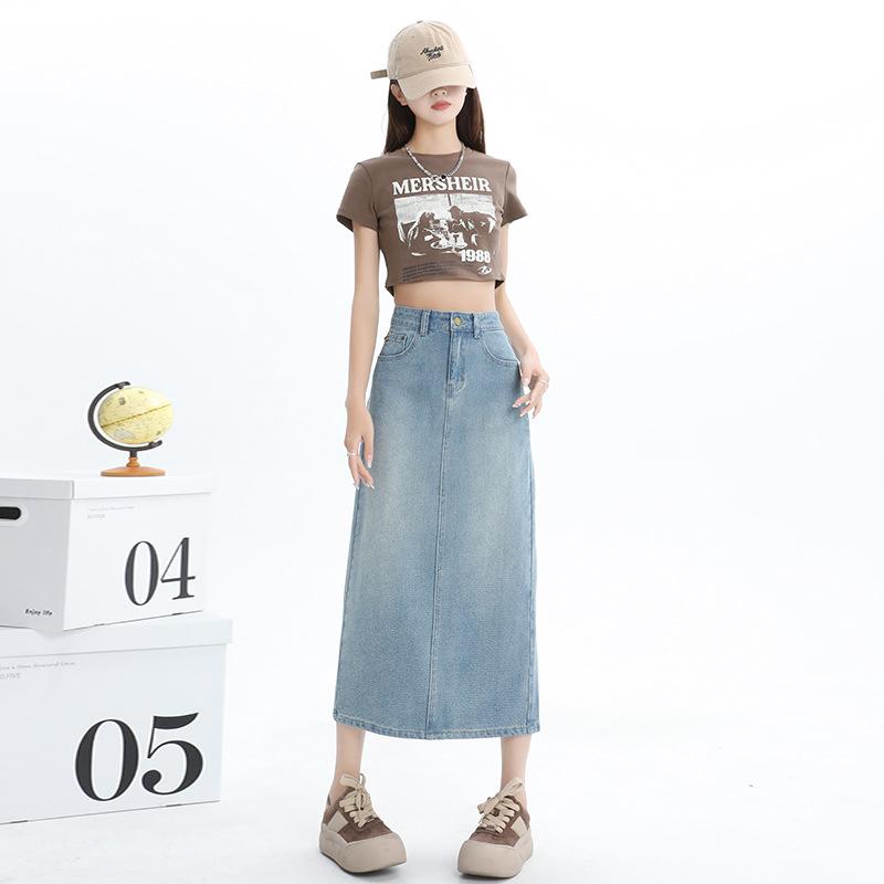 Denim |  Womens Denim Mid Rise Solid Split Maxi Skirt Clothing Baby Blue