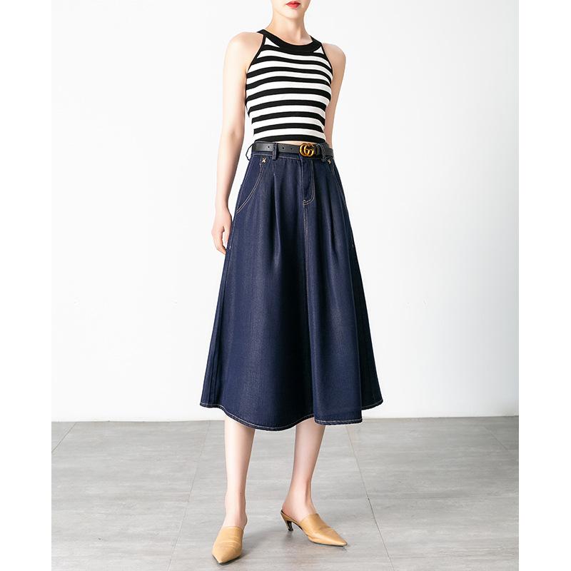 Denim |  Womens Denim Pleated Midi Skirt With Belt Clothing Denim