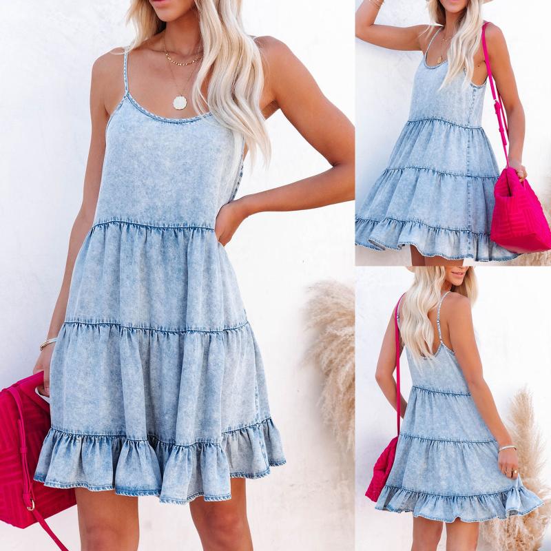 Denim |  Womens Denim Solid Bowknot Ruffle Babydoll Mini Dress Clothing Denim