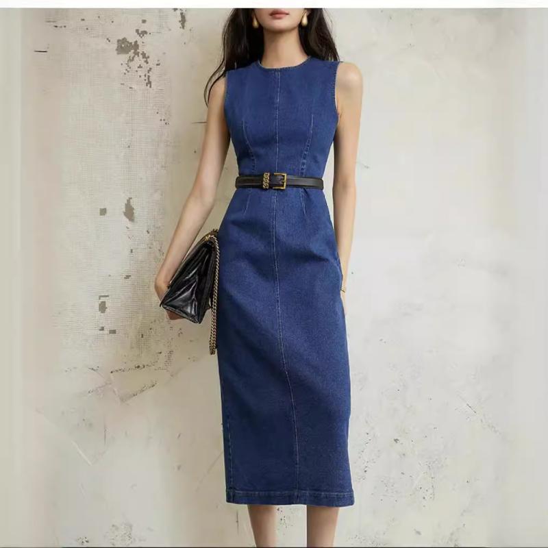 Denim |  Womens Denim Solid Button Pocket Sleeveless Maxi Dress Clothing Dark denim