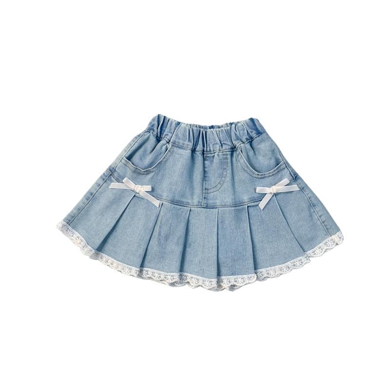 Denim |  Womens High Stretch Denim Mid Rise Broderie Anglaise Hem Bowknot Mini Skirt Clothing Dark denim