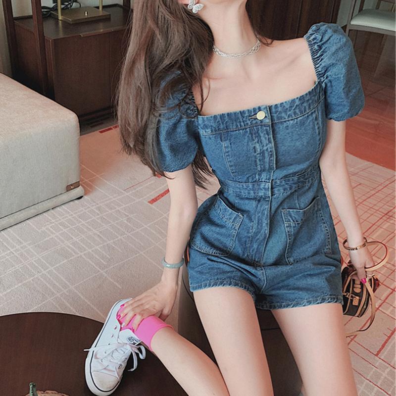 Denim |  Womens High Stretch Denim Off -Shoulder Lettuce Trim Pocket Romper Clothing Blue