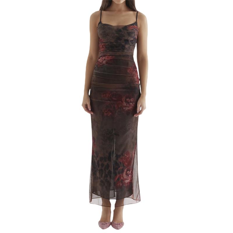 Dresses |  Womens Floral Ruched Mesh Maxi Dress Clothing Brown