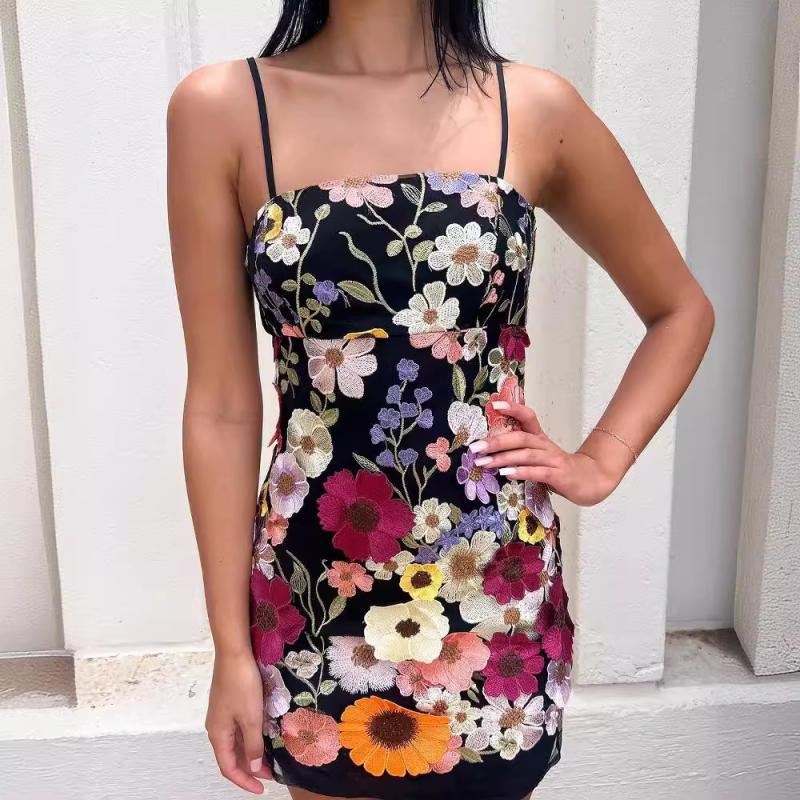 Dresses |  Womens Jacquard Square Neck Colorful Floral Embroidery Mini Dress Clothing Black