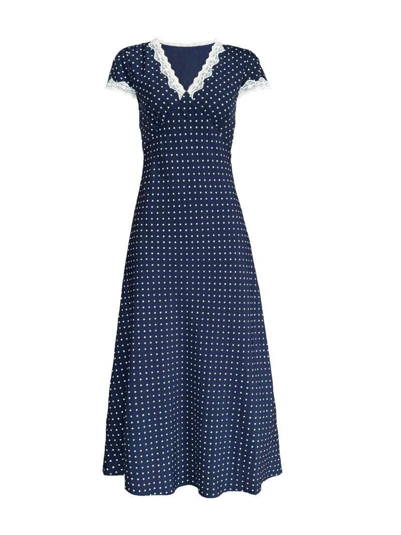 Dresses |  Womens Knit V-Neck Polka Dot Bowknot Midi Dress Clothing Dark Navy