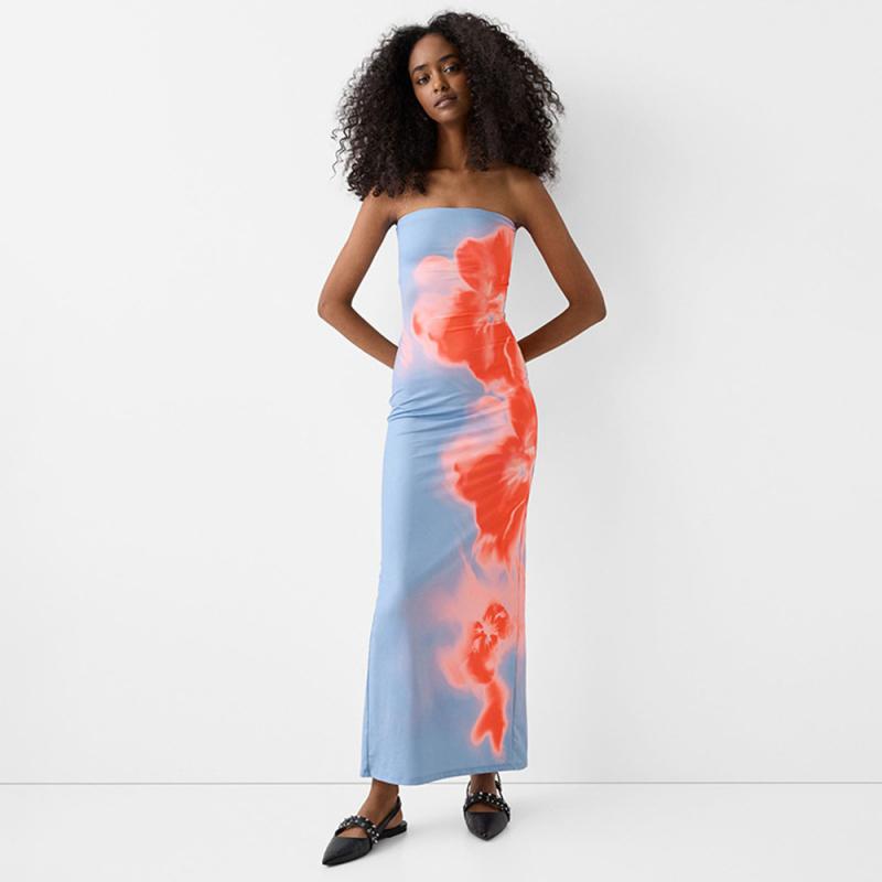 Dresses |  Womens Mesh Asymmetrical Neck Tie Dye Floral Maxi Dress Clothing Blue