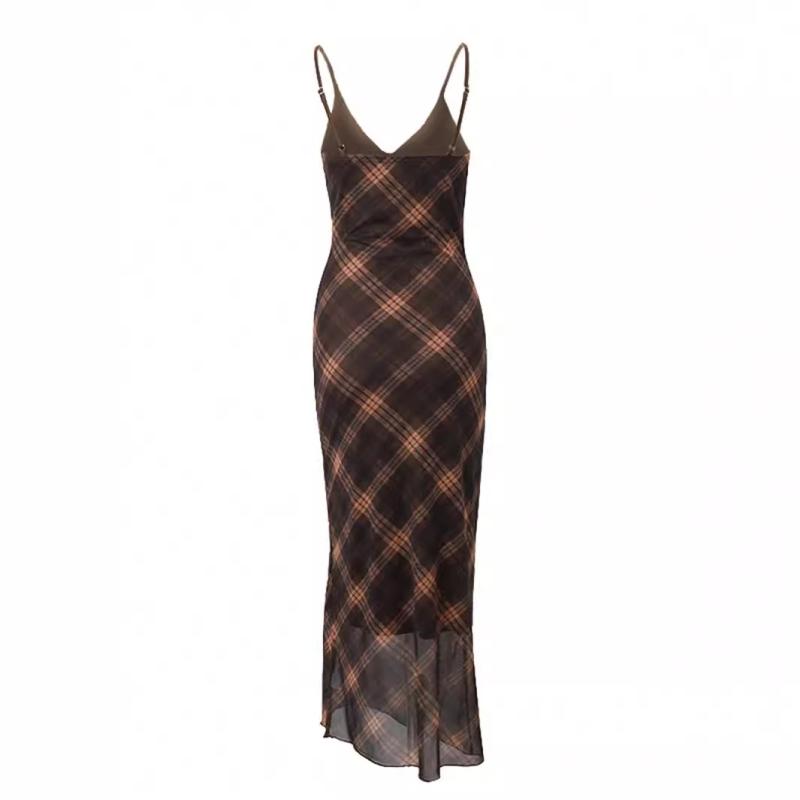 Dresses |  Womens Mesh V-Neck Checks Knotted Maxi Dress Clothing Brown