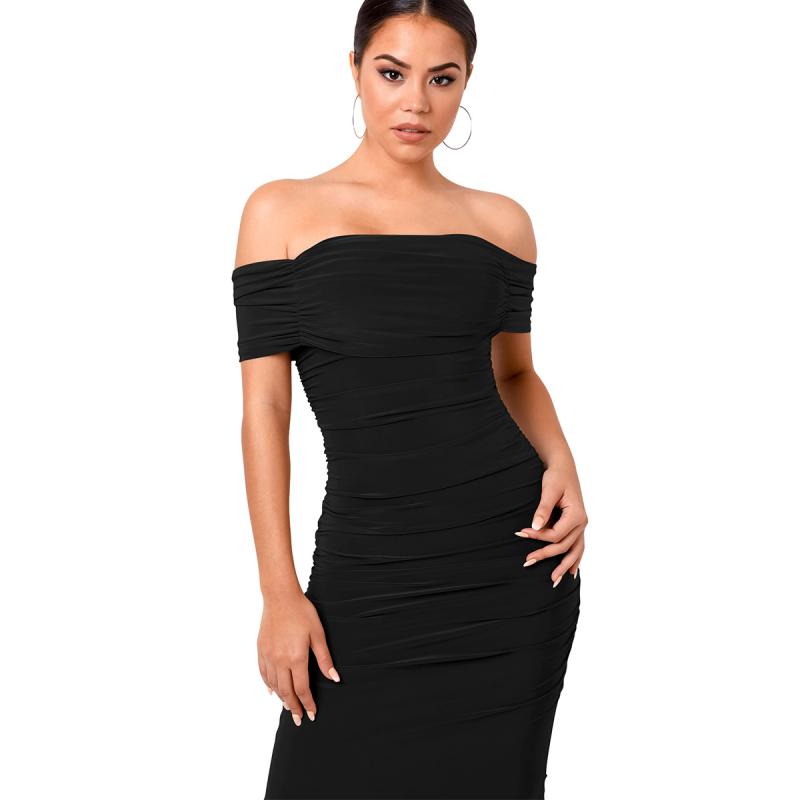 Dresses |  Womens Off Shoulder Ruched Midi Dress Clothing Black