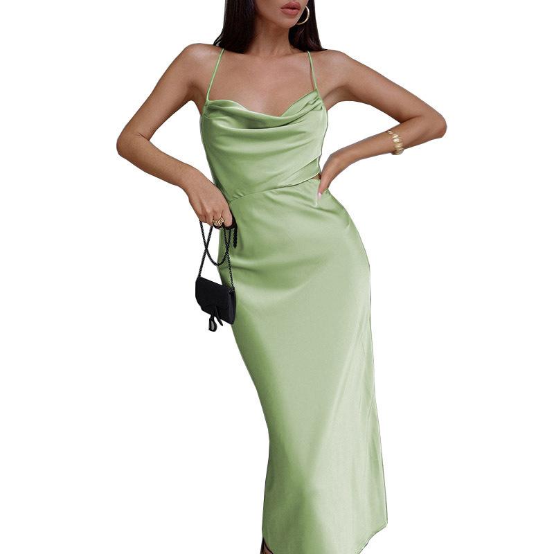 Dresses |  Womens Satin Cowl Neck Solid Ruched Criss Cross Split Maxi Dress Clothing Dresses