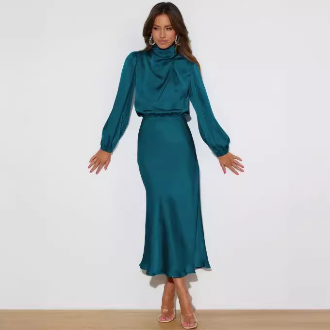 Dresses |  Womens Stand Collar Solid Ruched Long Sleeve Maxi Dress Clothing Blue