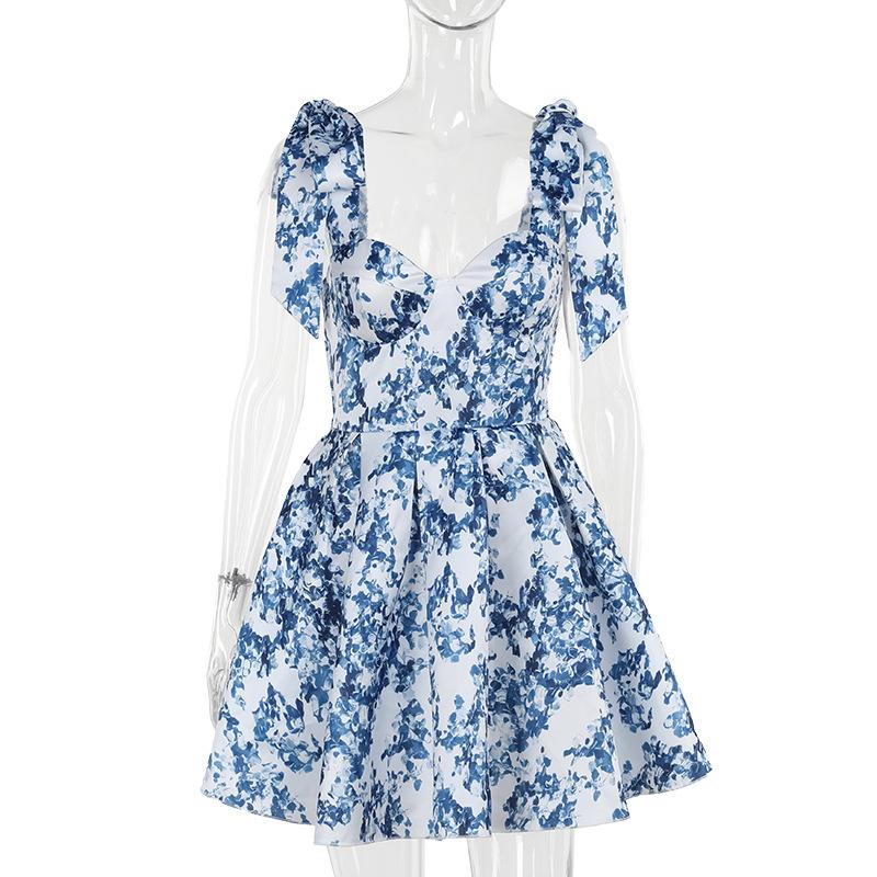 Dresses |  Womens Sweetheart Neckline Floral Knotted Mini Dress Clothing Blue