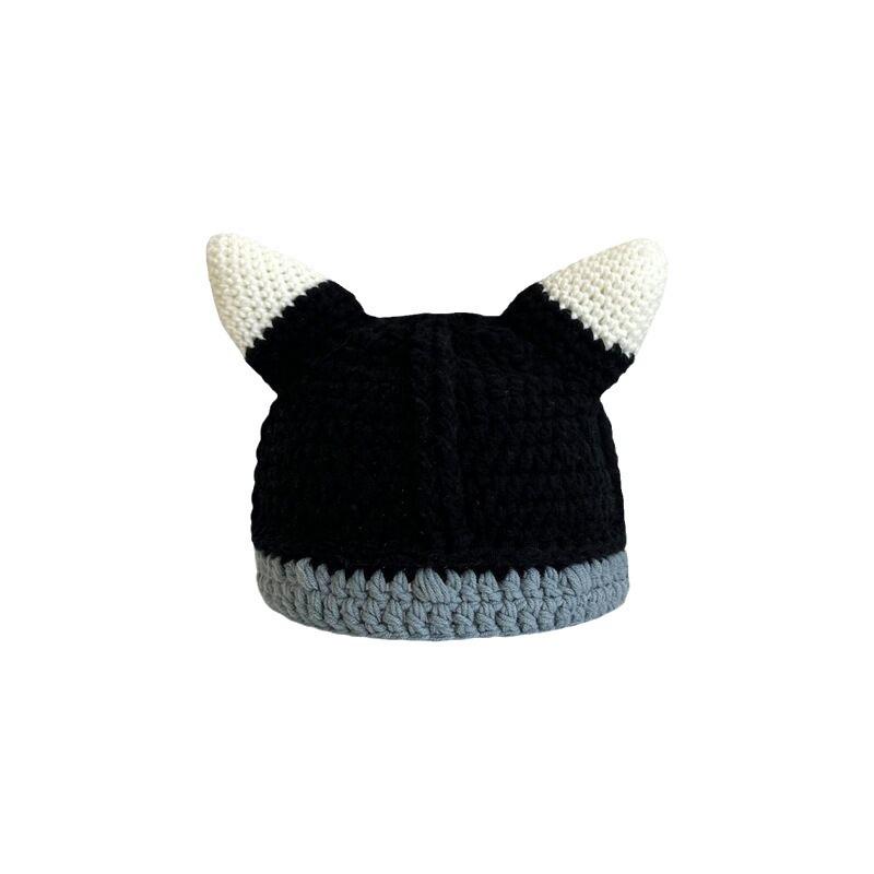 Hats |  Womens Crochet Contrast Color Horns Decor Beanie Accessories Black