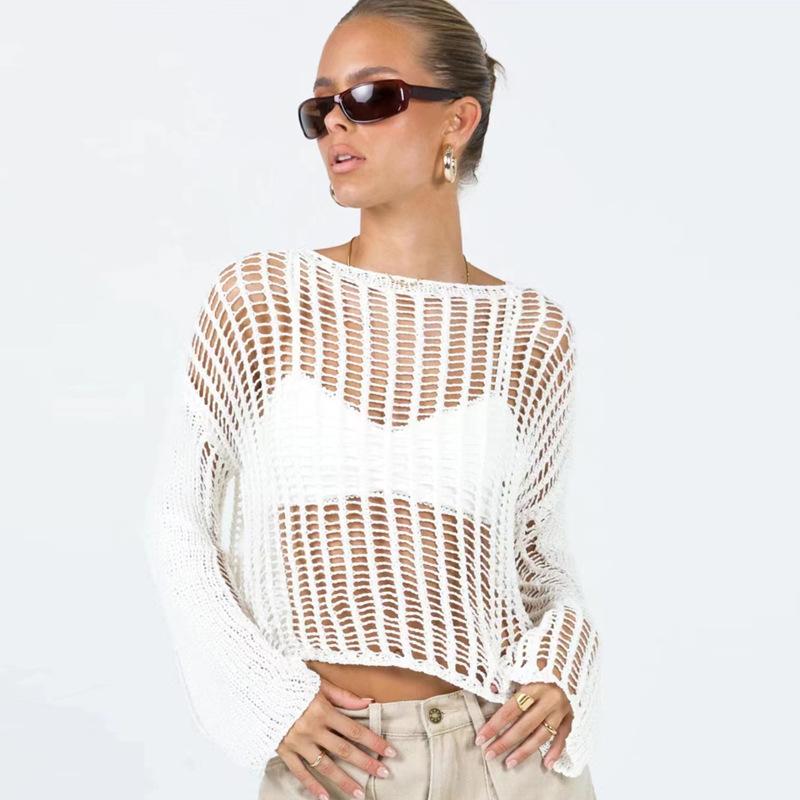 Knitwear |  Womens Knit Boat Neck Hollow Out Beaded See-Through Long Sleeve Top Clothing Knitwear