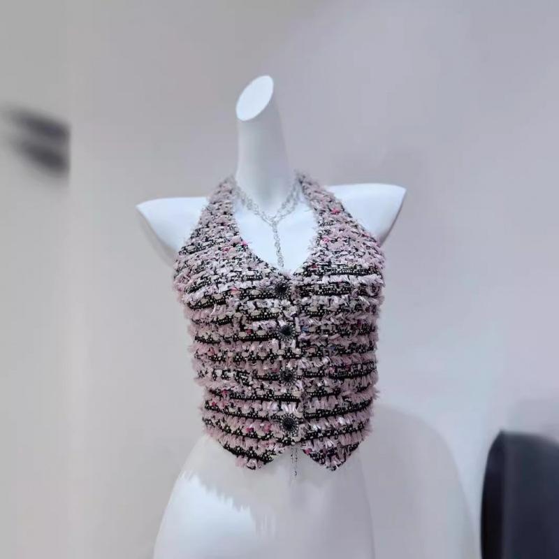 Knitwear |  Womens Knit Halter Neckline Check Button Crop Top Clothing Knitwear