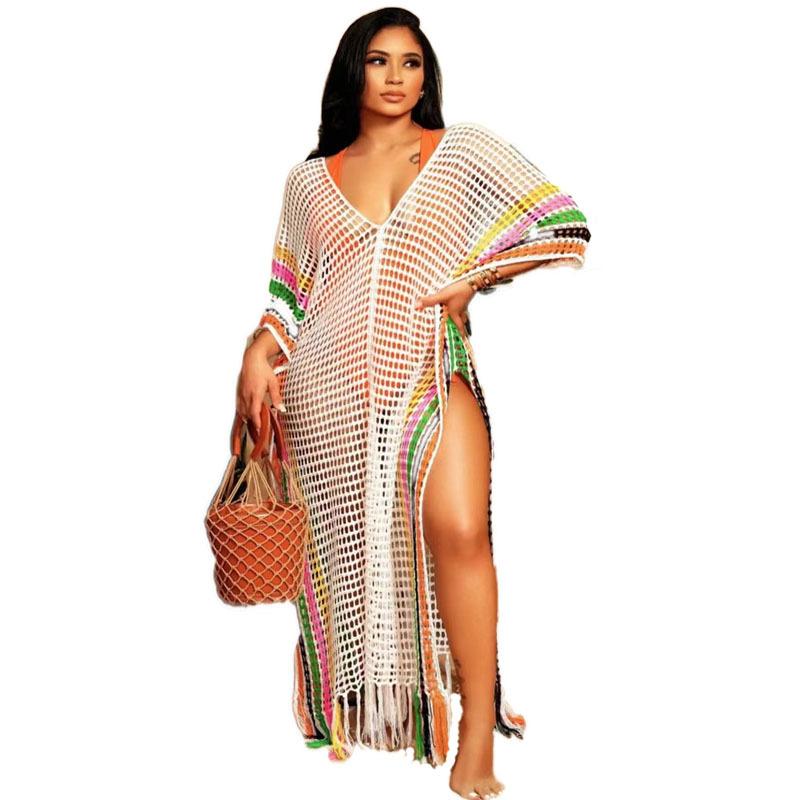 Knitwear |  Womens Knit Round Neck Geometric Striped Tassel Midi Dress Clothing Knitwear