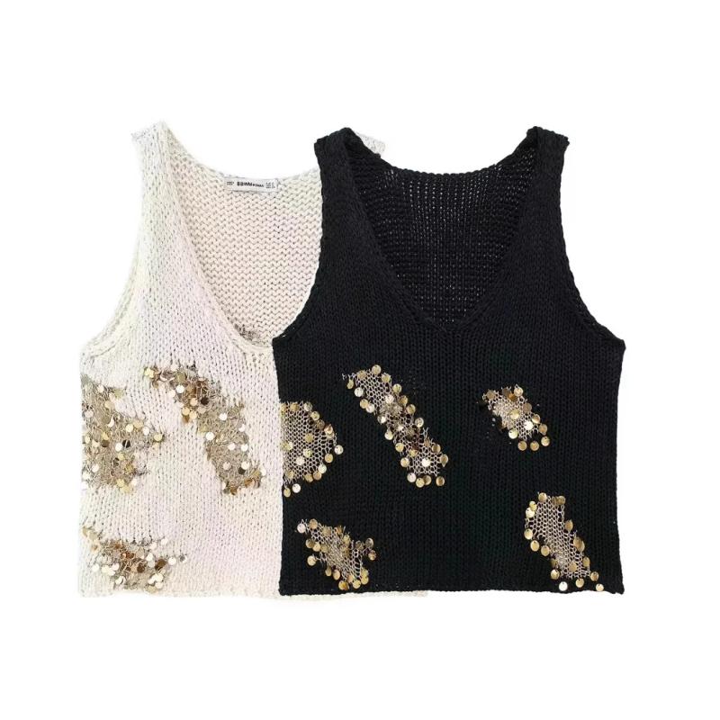 Knitwear |  Womens Knit Round Neck Solid Beaded Crop Tank Top Clothing Knitwear