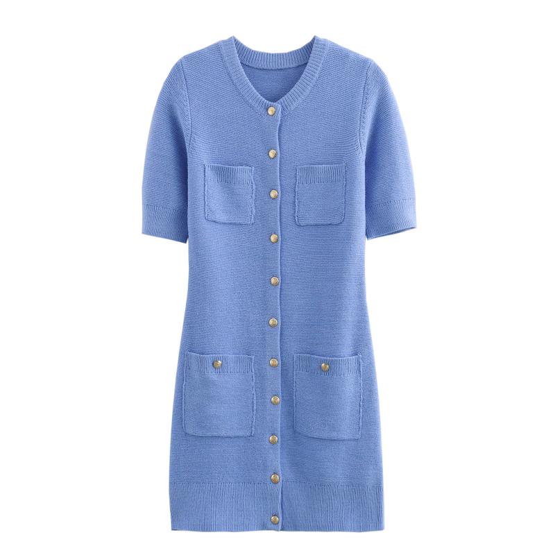 Knitwear |  Womens Knit Round Neckline Solid Button Pocket Mini Dress Clothing Blue