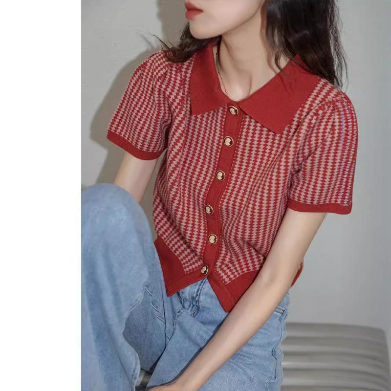 Knitwear |  Womens Knitted Collar Check Contrasting Binding Short Sleeve Top Clothing Knitwear