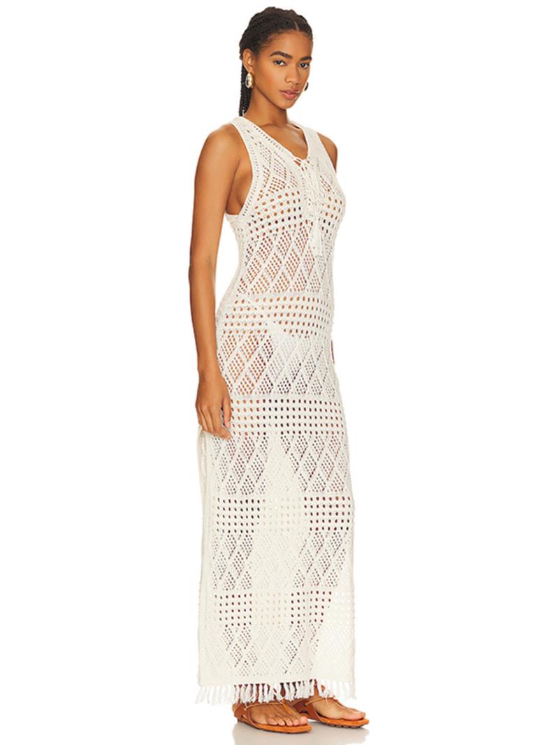 Knitwear |  Womens Knitted Halter Solid Backless See-Through Maxi Dress Clothing Beige