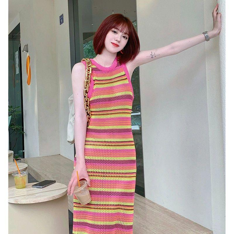 Knitwear |  Womens Knitted Scoop Neck Striped Crochet Midi Dress Clothing Ginger