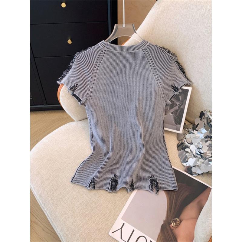 Knitwear |  Womens Round Neckline Graphic Star Ripped Knitted Short Sleeve Top Clothing Knitwear