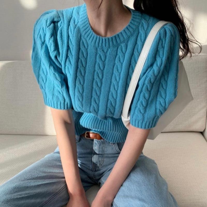 Knitwear |  Womens Round Neckline Rib Knitted Short Sleeve Top Clothing Blue