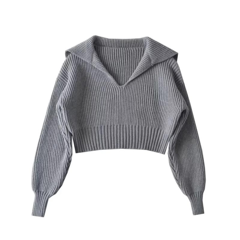 Knitwear |  Womens V-Neck Solid Knitted Long Sleeve Crop Sweater Clothing Grey