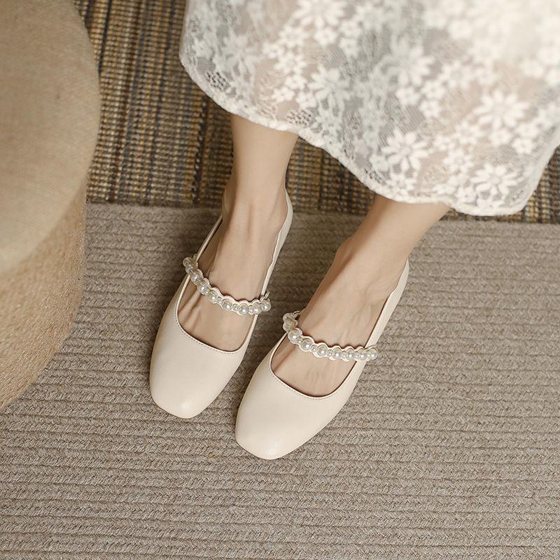 Mary Janes |  Womens Faux Pearl Satin Mary Jane Flats Mary Janes Champagne