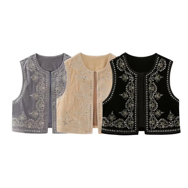 Outerwear |  Womens Chaleco De Chaqueta De Lentejuelas Florales De Terciopelo Con Cuello Redondo Clothing Negro