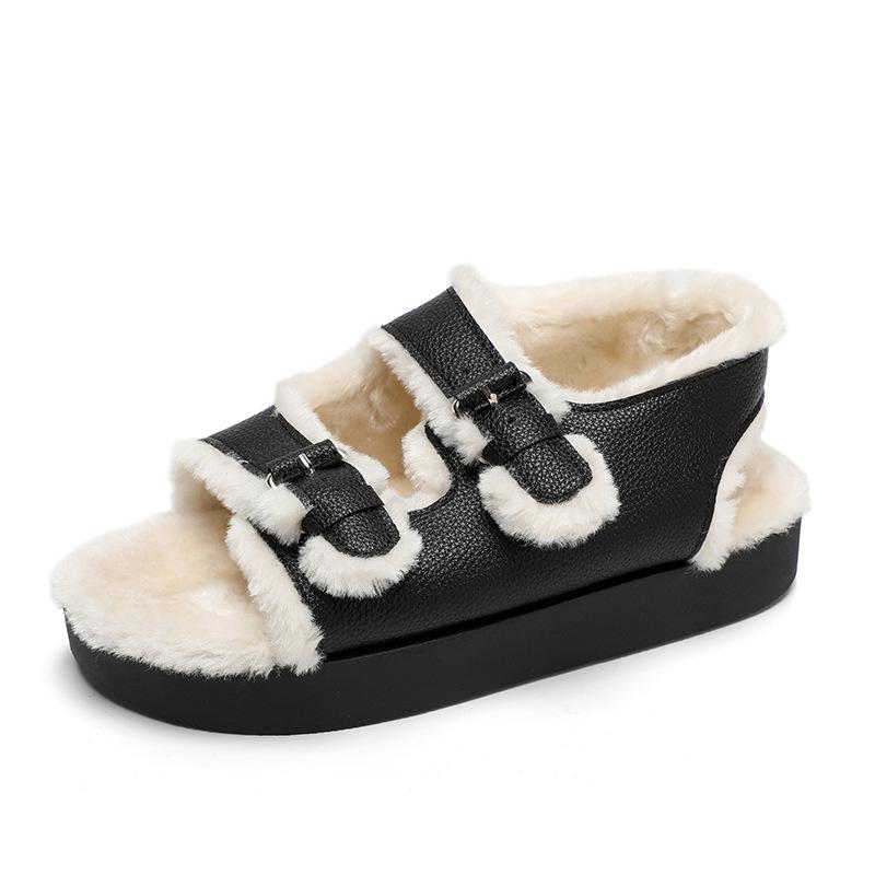 Slippers |  Womens Big Buckle Shearling Slippers Shoes Black & White