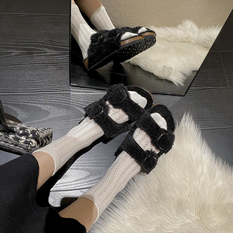 Slippers |  Womens Fur Buckle Slippers Shoes Black