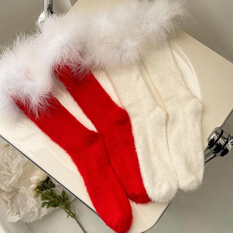 Socks & Tights |  Womens Fuzzy Trim Crew Socks Accessories Red