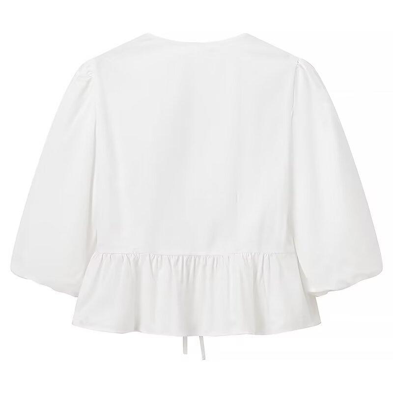 Tops |  Womens 100% Cotton Round Neckline Solid Bowknot Ruffle Hem Puff Sleeve Shirt Clothing Tops