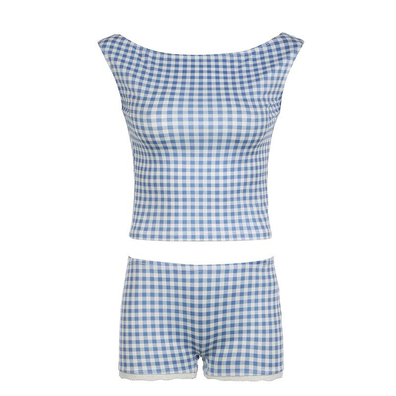 Tops |  Womens Boat Neck Gingham Bowknot Backless Crop Tank Top Clothing Blue