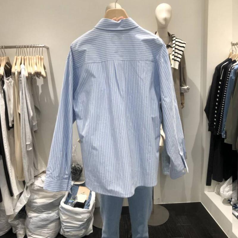 Tops |  Womens Collar Striped Long Sleeve Shirt Clothing Blue