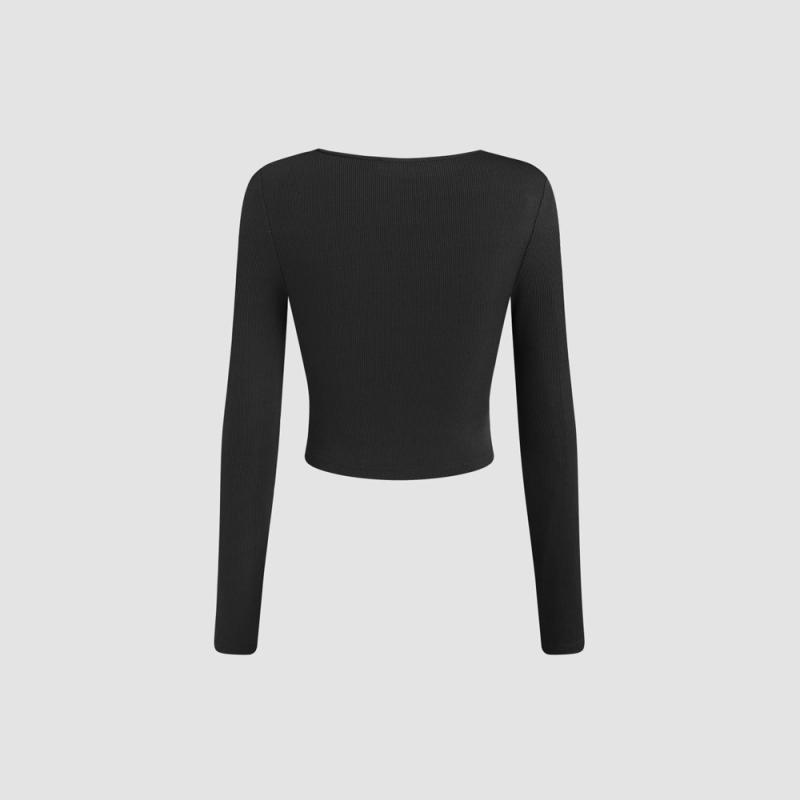 Tops |  Womens Cotton-Blend Boat Neck Solid Long Sleeve Tee Clothing Black