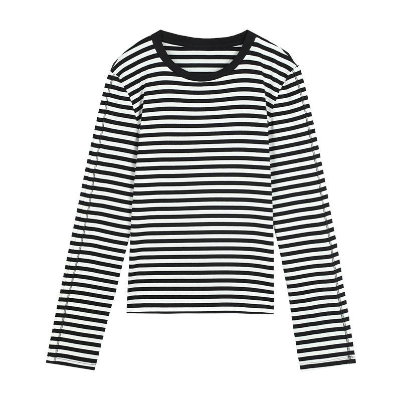 Tops |  Womens Cotton-Blend Round Neckline Striped Long Sleeve Oversized Tee Clothing Black