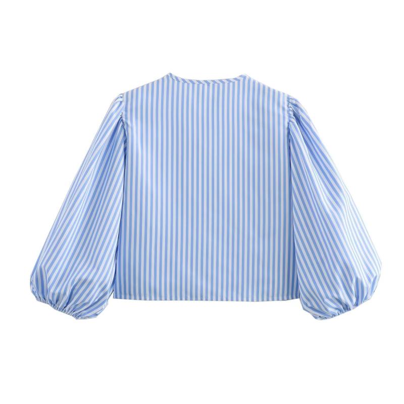 Tops |  Womens Cotton-Blend V-Neck Striped Knotted Shirred Long Sleeve Blouse Clothing Baby Blue