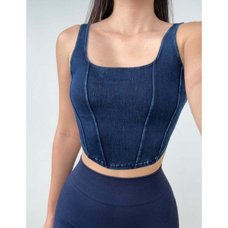 Tops |  Womens Denim Scoop Neck Solid Crop Tank Top Clothing Dark denim