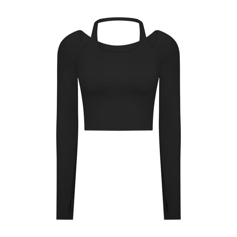 Tops |  Womens Jersey Halter Asymmetrical Patched Drawstring Long Sleeve Crop Top Clothing Black