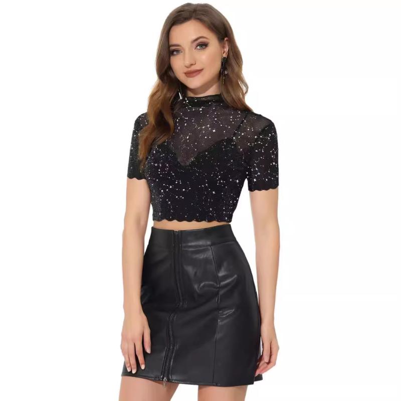 Tops |  Womens Mesh High Neck Star See-Through Bodysuit Clothing Black