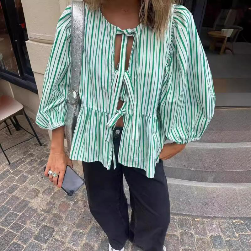 Tops |  Womens Round Neckline Striped Tie Front Bow Ruffle Hem Middle Sleeve Blouse Clothing Light Blue