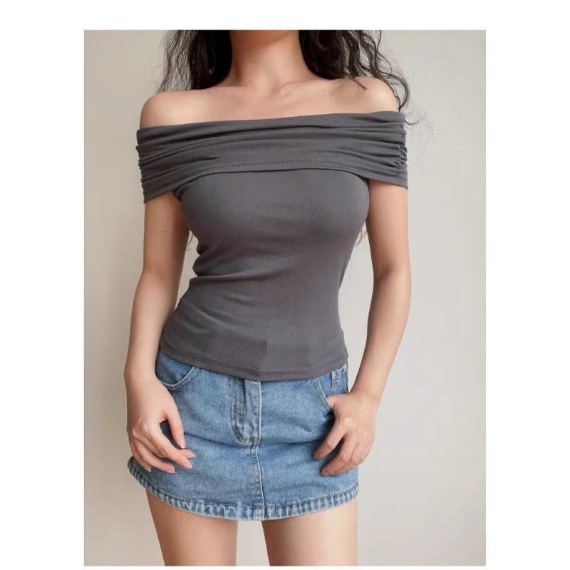 Tops |  Womens Ruched Off-Shoulder Short Sleeve Crop Top Clothing Grey