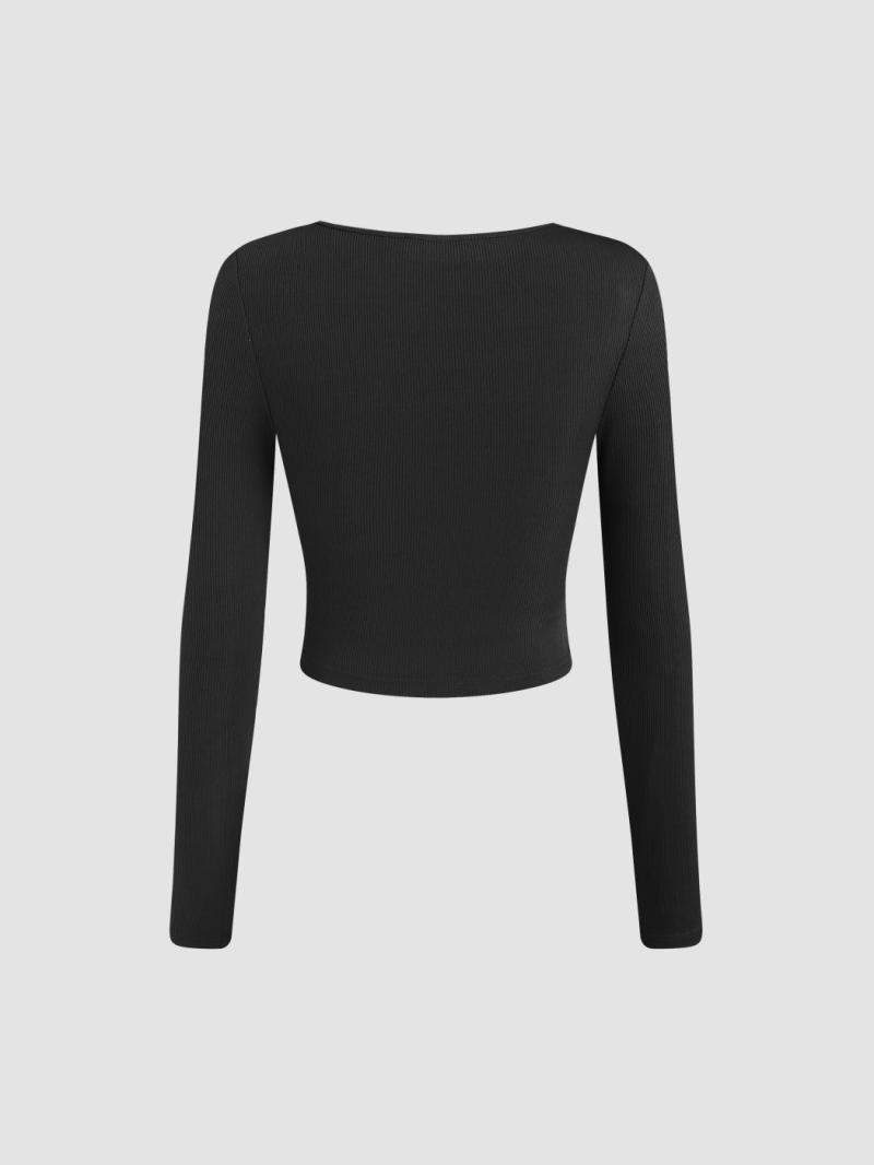 Tops |  Womens Second Skin Double Layered V-Neck Solid Long Sleeve Tee Clothing Black