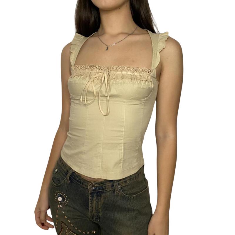 Tops |  Womens Solid Knotted Lettuce Trim Corset Crop Tank Top Clothing Beige