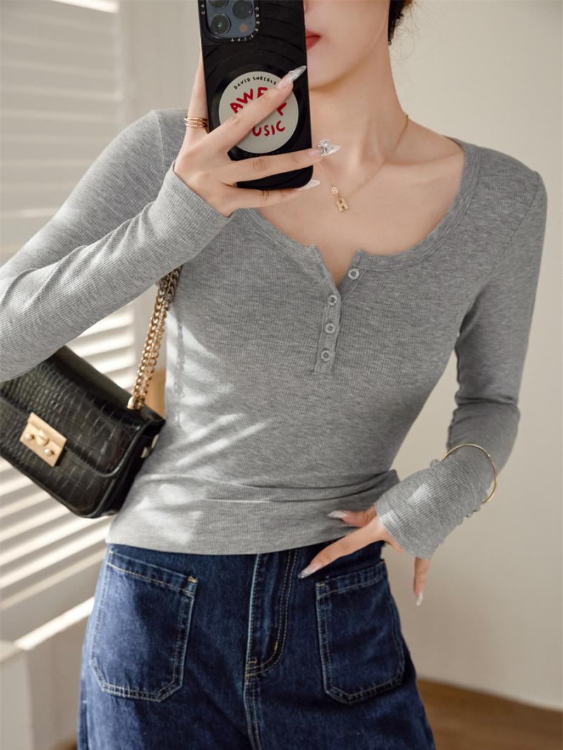 Tops |  Womens Solid Rib V-Neck Long Sleeve Tee Clothing Grey